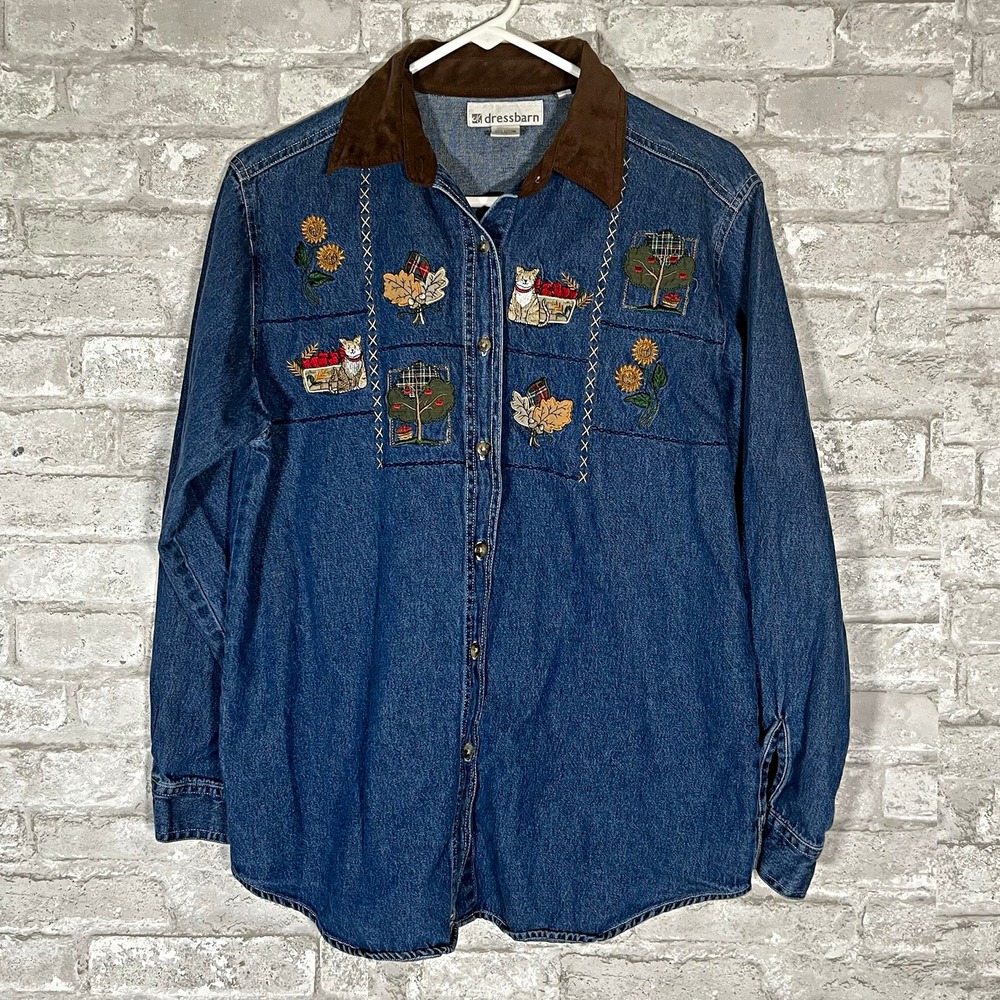 dressbarn Women's Denim Button-Up Shirt fall harvest cat Embroidered Sz medium